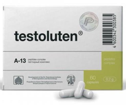Box of Testoluten with capsules on a white background