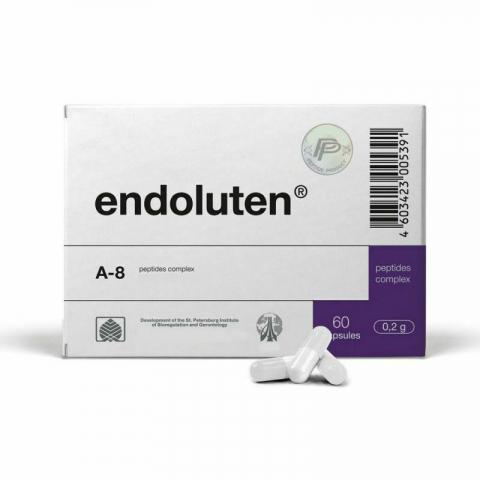 Box of endoluten A-8 peptides complex with two white capsules on a white background