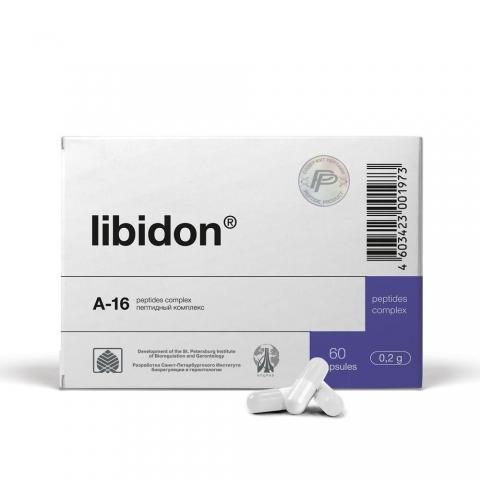 Box of Libidon A-16 peptides complex with two white capsules on a white background
