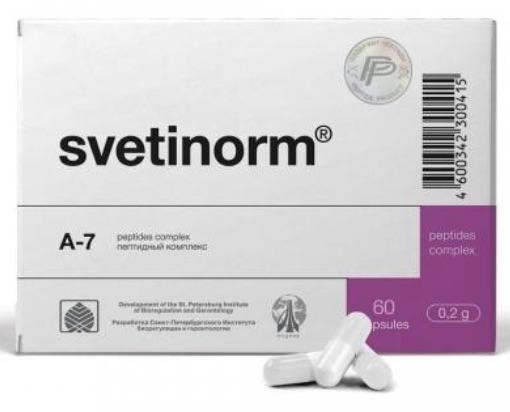 Svetinorm A-7 peptides complex packaging with two white capsules on a white background